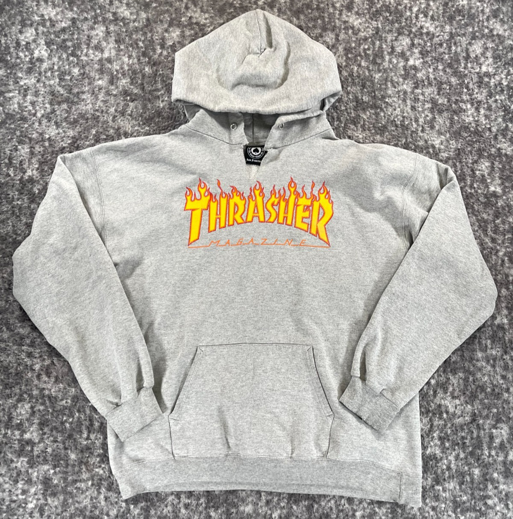 Thrasher Hoodie Men's Medium Gray Fleece Long Sleeves Skateboard Flames